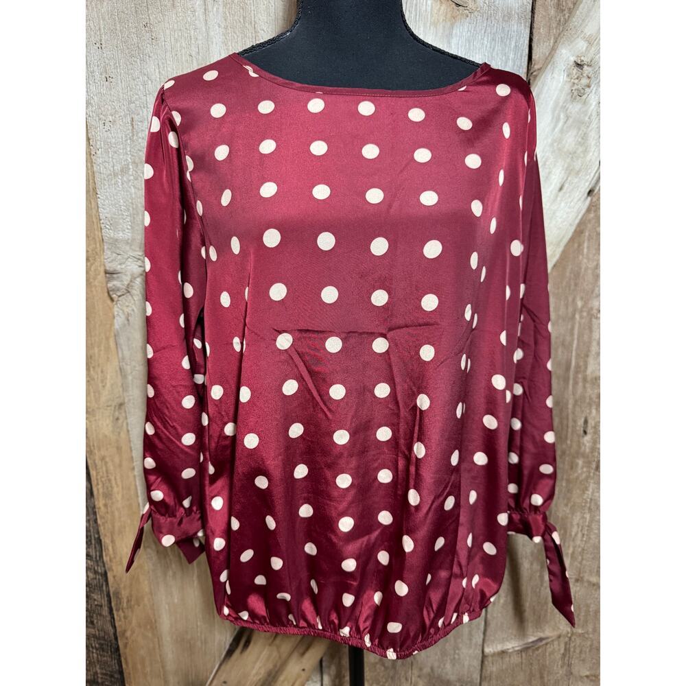 Metaphor Burgundy Polka Dot Blouse Anthropologie Women's Size Large Tie Sleeves